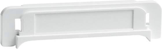 Biała klamerka plastikowa o strukturze prostokątnej, prawdopodobnie przeznaczona do zabezpieczania lub mocowania w zastosowaniach technicznych.