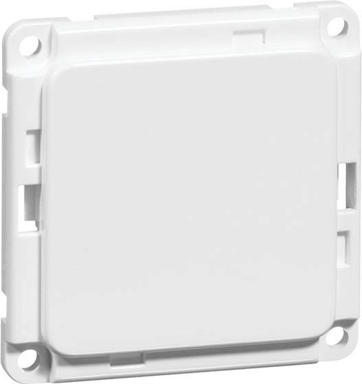 Kwadratowy, biały, podtynkowy przełącznik, możliwy do zamontowania w standardowej puszce elektrycznej.