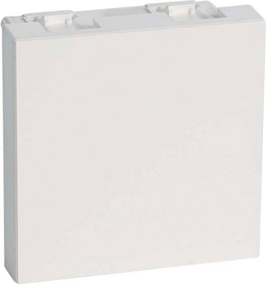 Prostokątny, biały element z tworzywa sztucznego z dwoma małymi haczykami u góry, prawdopodobnie część składowa do połączeń elektrycznych lub mechanicznych.