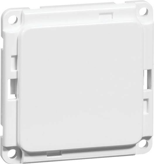 Biały, kwadratowy przełącznik światła umieszczony na środku prostokątnej, białej ramki. Przełącznik posiada zaokrąglone rogi.