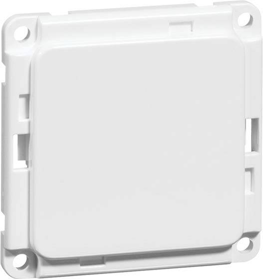 Biały, kwadratowy przełącznik światła o zaokrąglonych narożnikach, zamontowany w metalowej ramce do instalacji ściennej.