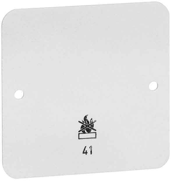 Biała kwadratowa płyta z zaokrąglonymi narożnikami, z dwoma otworami montażowymi i symbolem przedstawiającym ogień nad pudełkiem. Poniżej liczba '41'.