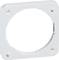 Biały, kwadratowy ramka montażowa z tworzywa sztucznego o zaokrąglonych narożnikach z centralnym, okrągłym wycięciem.