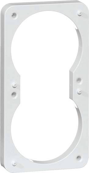 Szara, prostokątna płyta z tworzywa sztucznego z dwoma okrągłymi wycięciami, prawdopodobnie element systemu instalacji elektrycznej.