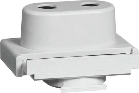 Szare plastikowe urządzenie z dwiema okrągłymi otworami na górnej powierzchni, prostokątną podstawą i mechanizmem przesuwnym po dolnej stronie.