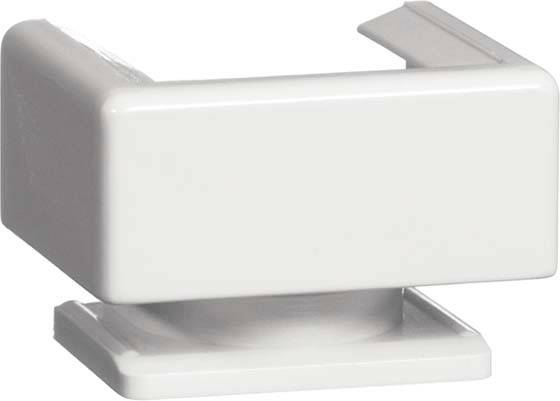 Prostokątny, biały element plastikowy wyglądający jak uchwyt do mebli lub regału. Posiada gładką powierzchnię i zaokrąglone krawędzie.