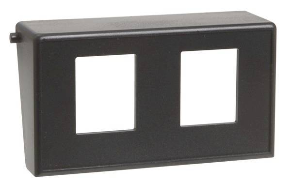 Czarny plastikowy frame z dwoma kwadratowymi wycięciami, prawdopodobnie do celów montażowych, bez widocznych oznaczeń lub symboli.