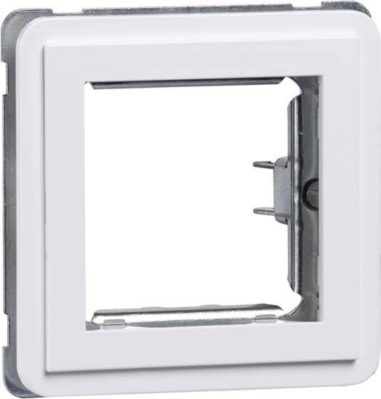 Biała plastikowa ramka do włącznika światła w metalowej obudowie, nadająca się do montażu naściennego.