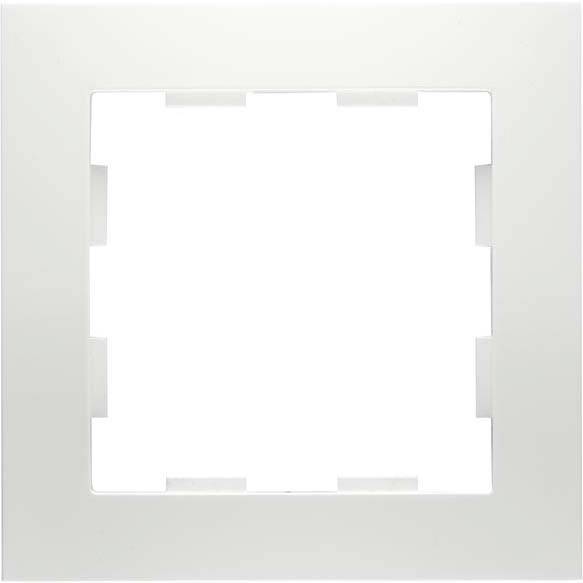 Biały, kwadratowy ramka z tworzywa sztucznego zaokrąglonymi narożnikami, odpowiednia do zakrywania gniazdek elektrycznych lub włączników.