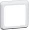 Biała, kwadratowa plastikowa osłona z zaokrąglonymi rogami, odpowiednia do gniazdek lub włączników w pomieszczeniach wewnętrznych.