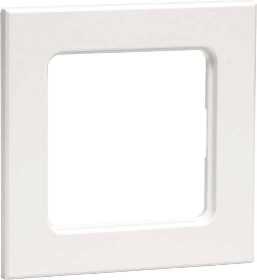 Biały kwadratowy ramka z zaokrąglonymi narożnikami i prostokątnym wycięciem pośrodku, stosowana do przykryć włączników.