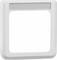Biała, kwadratowa ramka włącznika światła z srebrną wstawką u góry.