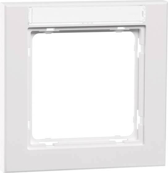 Biała, kwadratowa ramka o zaokrąglonych narożnikach i gładkiej powierzchni, odpowiednia do montażu włączników lub gniazd elektrycznych.