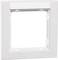 Biała, kwadratowa ramka o zaokrąglonych narożnikach i gładkiej powierzchni, odpowiednia do montażu włączników lub gniazd elektrycznych.
