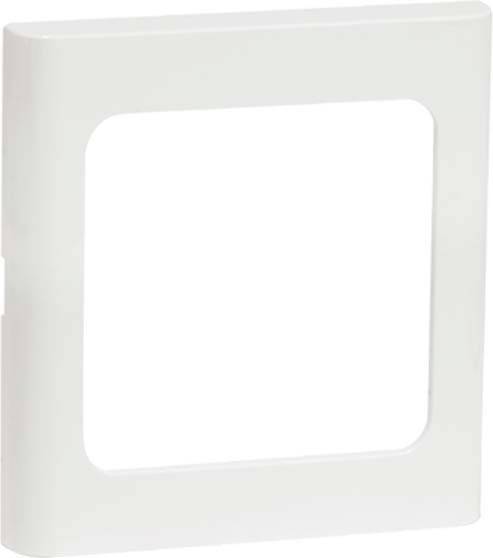 Kwadratowa, biała ramka z tworzywa sztucznego z zaokrąglonymi rogami i otwartą przestrzenią wewnętrzną.