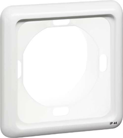 Biała kwadratowa osłona gniazda elektrycznego z zaokrąglonymi narożnikami i wycięciem wewnętrznym, odpowiednia do wilgotnych środowisk, klasa ochrony IP44.