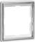 Ramka z tworzywa sztucznego, kwadratowa, srebrno-biała, pusta w środku. Odpowiednia do montażu włączników lub gniazd elektrycznych.
