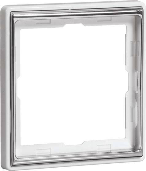 Kwadratowa, srebrno-biała ramka do włącznika światła lub gniazda elektrycznego, bez widocznych elementów włączających.