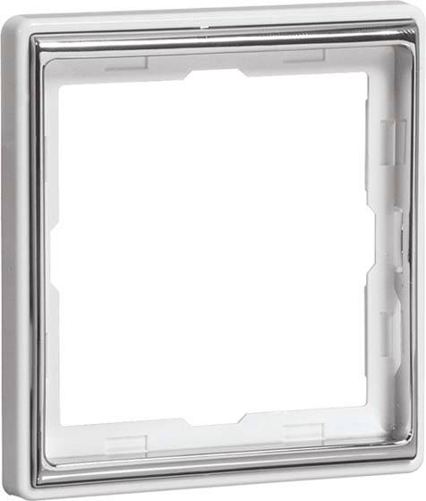 Srebrna, kwadratowa ramka z zaokrąglonymi krawędziami, prawdopodobnie do włącznika światła lub gniazdka elektrycznego.