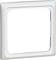Kwadratowa, biała plastikowa ramka z zaokrąglonymi narożnikami, często stosowana jako ozdobna osłona włączników światła lub gniazdek elektrycznych.