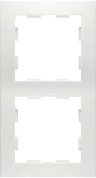 Dwie puste, prostokątne ramki na gniazdka w kolorze białym, umieszczone jedna nad drugą. Odpowiednie do instalacji elektrycznych włączników lub gniazdek.