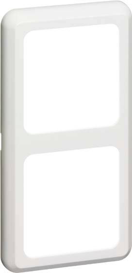 Prostokątna, biała ramka z dwoma równej wielkości pionowymi wycięciami; odpowiednia do podwójnych gniazd elektrycznych lub włączników.