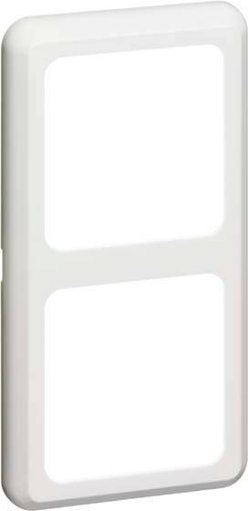 Podwójna ramka w kolorze białym, odpowiednia dla dwóch przełączników lub gniazd elektrycznych, ułożonych pionowo.