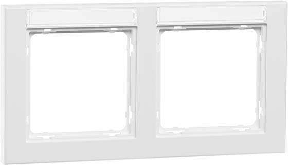 Prostokątna, biała podwójna ramka do montażu dwóch przełączników lub gniazd elektrycznych, bez widocznych elementów elektrycznych.