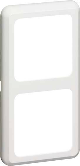 Podwójna ramka z białego tworzywa sztucznego do włączników lub gniazd elektrycznych, prosta prostokątna forma z zaokrąglonymi narożnikami.