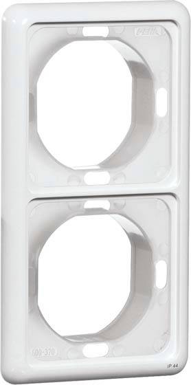 Podwójna ramka do gniazd elektrycznych, kolor biały, z kwadratowymi wycięciami, przeznaczona do montażu dwóch gniazd elektrycznych, do zamocowania na ścianie.