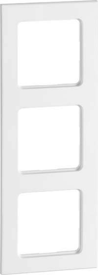 Potrójna ramka z białego tworzywa sztucznego, odpowiednia dla trzech przełączników lub gniazd wtyczkowych, z prostokątnymi wycięciami.