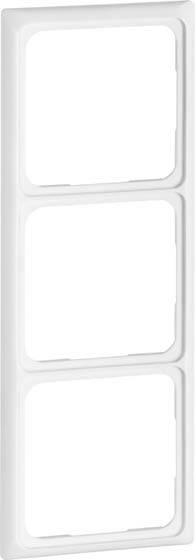 Biała, potrójne pionowe obramowanie dla gniazd lub włączników, bez zamontowanych urządzeń.
