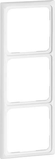 Biała, pionowa, potrójna ramka z zaokrąglonymi narożnikami, pusta, odpowiednia do gniazd elektrycznych lub włączników.