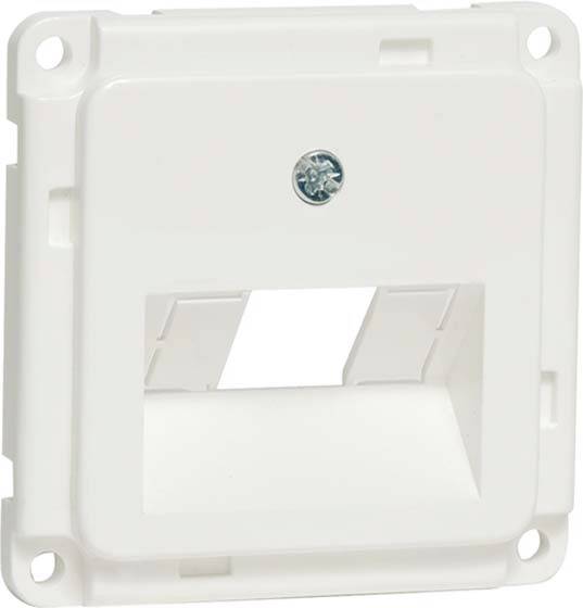 Biała plastikowa pokrywa z prostokątnym otworem, odpowiednia dla dwóch gniazd, zamontowana w ramce.