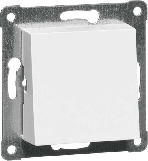 Włącznik światła na białym tle, w kształcie kwadratu, zamontowany na metalowej płytce z otworami do mocowania śrubami.