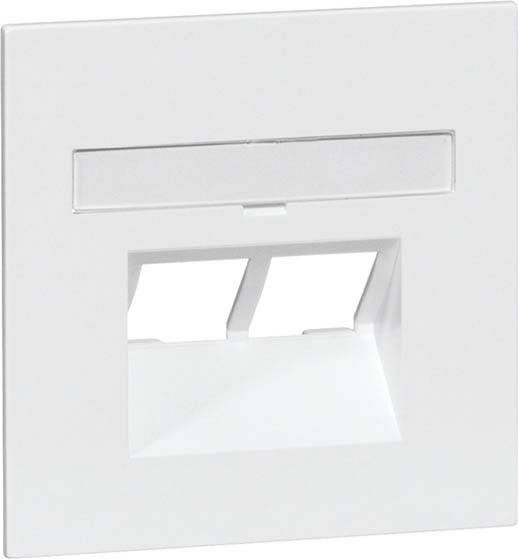 Biała płyta maskująca z dwoma prostokątnymi otworami, odpowiednia do podłączeń sieciowych.