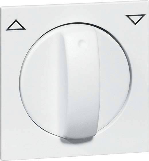 Biały przełącznik obrotowy z symbolami strzałek wskazującymi kierunek góra-dół, zamontowany na ścianie.