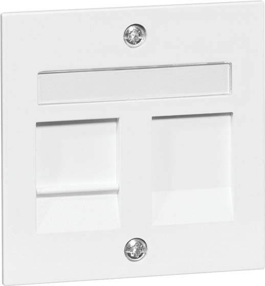 Biała, kwadratowa puszka przyłączeniowa z dwoma otworami i pokrywą, przeznaczona do połączeń kablowych sieci wewnętrznych.