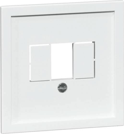 Biała, pusta osłona gniazda z trzema prostokątnymi wycięciami, odpowiednia do instalacji przełączników lub gniazdek elektrycznych.