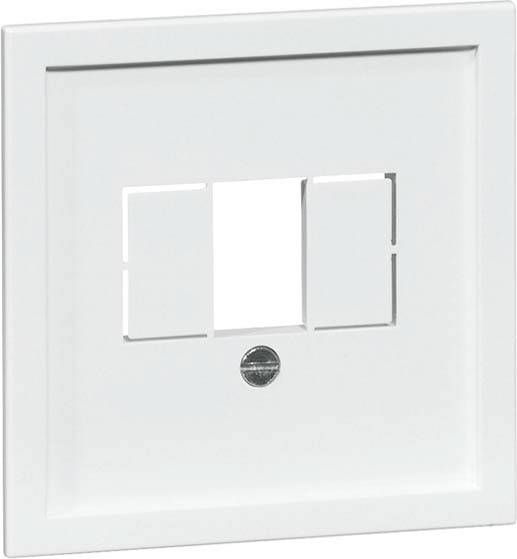 Biała, prostokątna plastikowa osłona z dwoma symetrycznymi wycięciami na gniazda lub włączniki, mocowana srebrną śrubą.