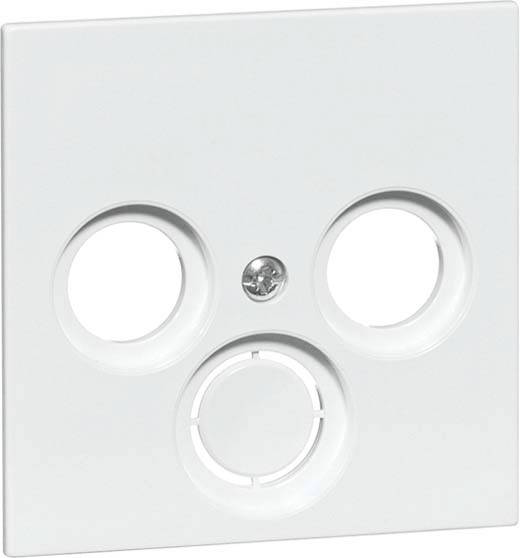 Biała, kwadratowa puszka przyłączeniowa z trzema okrągłymi otworami, odpowiednia do podłączenia anten lub kabli.