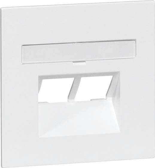 Biała sieciowa puszka przyłączeniowa z dwoma portami RJ45, odpowiednia do montażu w ścianach do podłączania kabli sieciowych.