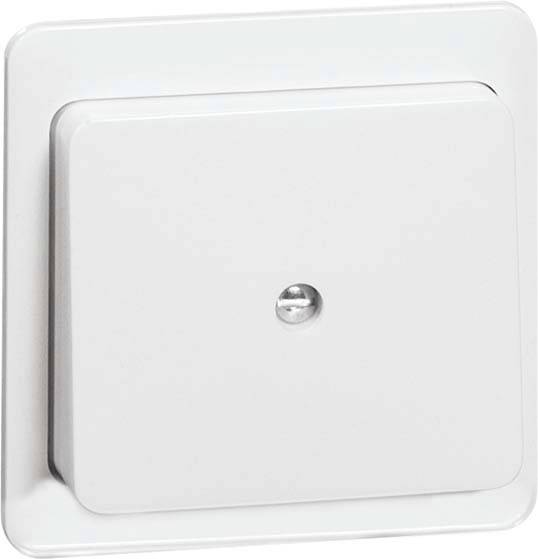 Kwadratowy, biały włącznik światła z zaokrąglonymi narożnikami i centralnym gniazdem mocującym.