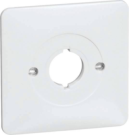 Biała, kwadratowa płytka ścienna wykonana z tworzywa sztucznego z centralnym, okrągłym otworem oraz otworami bocznymi do mocowania.