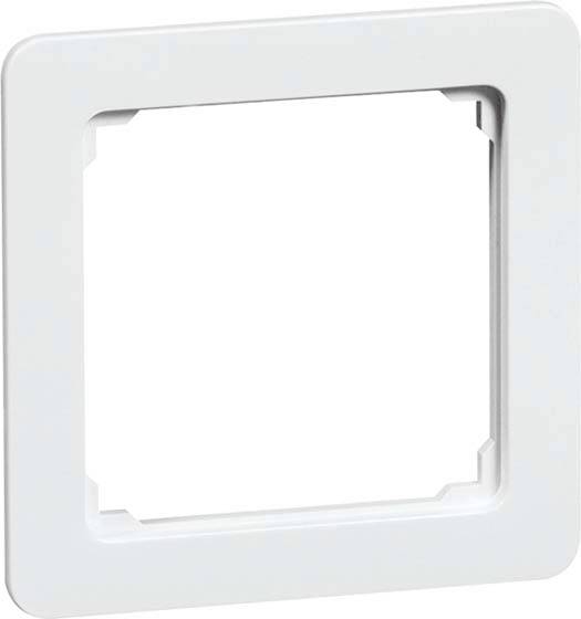 Biały, kwadratowy ramek włącznika światła o zaokrąglonych narożnikach, bez wkładki lub samego włącznika.