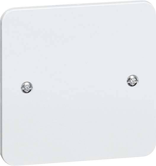 Kwadratowa płyta przykrywająca w kolorze białym z dwoma widocznymi śrubami pośrodku.