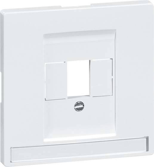 Biała, kwadratowa płyta maskująca z wycięciem na gniazda lub włączniki oraz centralnym otworem na śrubę.