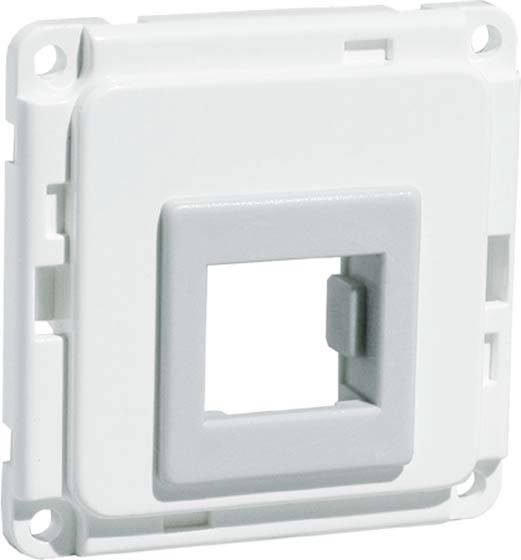 Biała, kwadratowa ramka plastikowa z kwadratowym otworem pośrodku, odpowiednia do montażu włącznika lub gniazda elektrycznego.