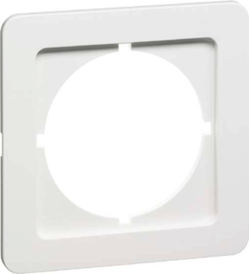 Biała kwadratowa płyta maskująca z okrągłym otworem, przeznaczona do montażu gniazd elektrycznych lub włączników.