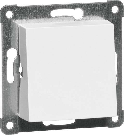 Biały, kwadratowy przełącznik światła na metalowej ramce, przeznaczony do montażu naściennego w pomieszczeniach wewnętrznych.